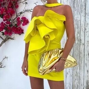 NWT. Zara Limited Edition Neon Yellow Voluminous Ruffles Mini Dress. Size S